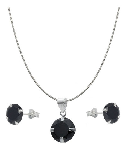 Conjunto Collar Y Aros Plata Con Circón Ónix Negro