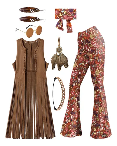 Jadive Disfraz Hippie Para Mujer Con Flecos – Traje De Los Años 70 Con Bolero, Diadema Y Pendientes De Pluma Para Halloween Y Fiestas Temáticas