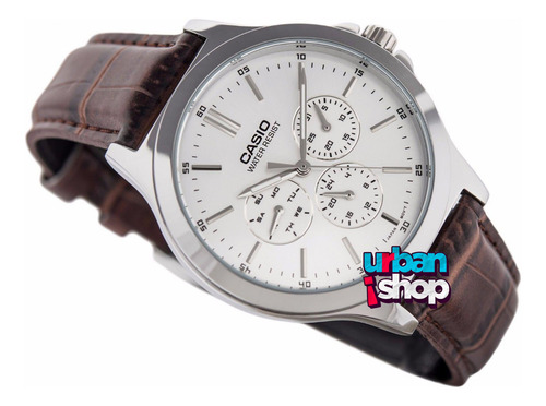 Reloj Casio Caballero Mtp V300l 7a Piel Triple Fechador Marrón Plateado
