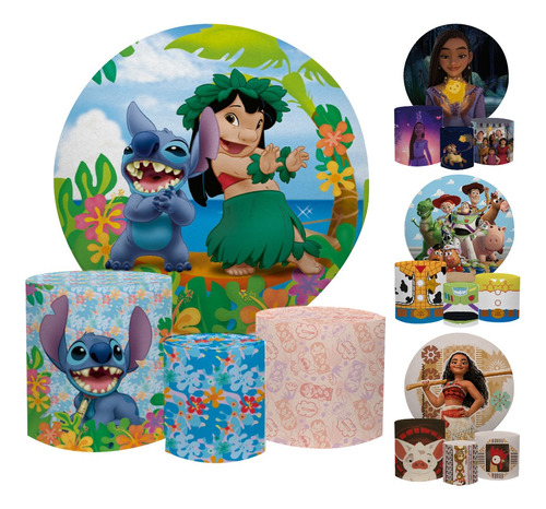 Kit Painel Redondo 1,50 Trio Capas De Cilindro Em Tecid F Cor Lilo Stitch 02