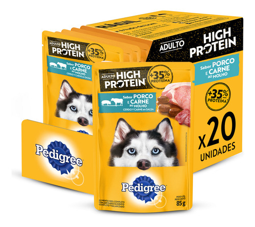 Ração Úmida Pedigree High Protein Sachê Porco e Carne ao Molho para Cães Adultos 20x85g