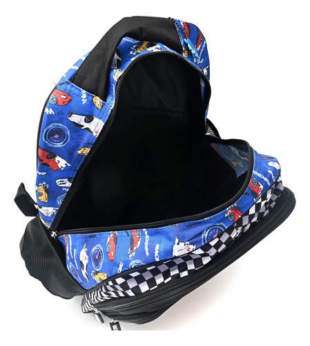 Mochila Autos Carreras Escolar Espalda Skora Lets Play Color Azul Diseño de la tela Gatito