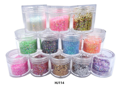 12un Potinhos Glitter Flocado Com Pó Para Decoração De Unhas Cor Hs-114