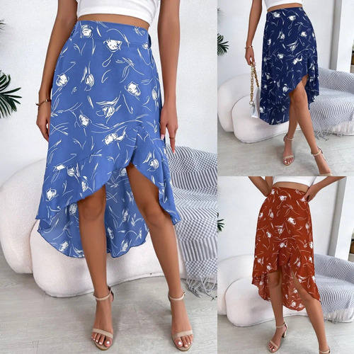 $falda Midi Floral De Poliéster Asimétrico Con Volantes Para