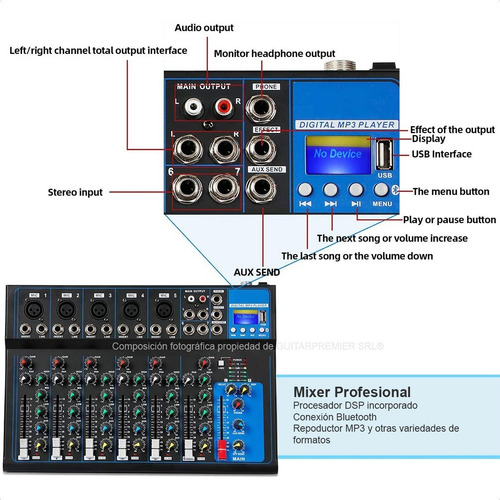 Imagen 3 de 9 de Consola Mixer 8 Canales Bluetooth Usb Phantom Power Eq F-7
