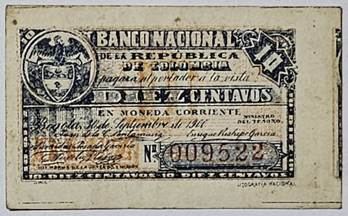 Billete 10 Centavos 30/sep/1900 Banco Nacional Colombia Xf