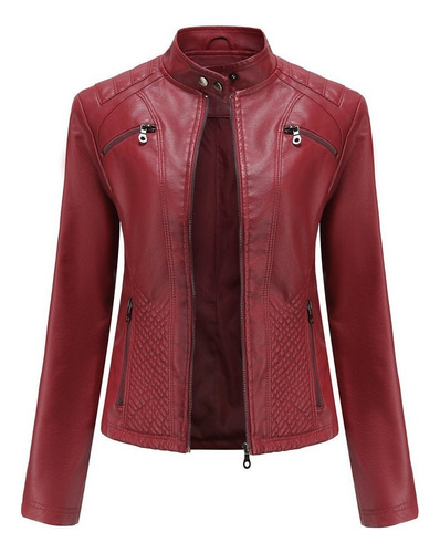 Chaqueta De Cuero Casual For Mujer Con Cuello Alto, Abrigo