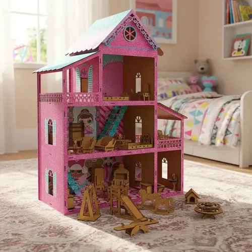 Casinha de Bonecas Rosa Glitter com kit Moveis Desmontados MDF Criativa