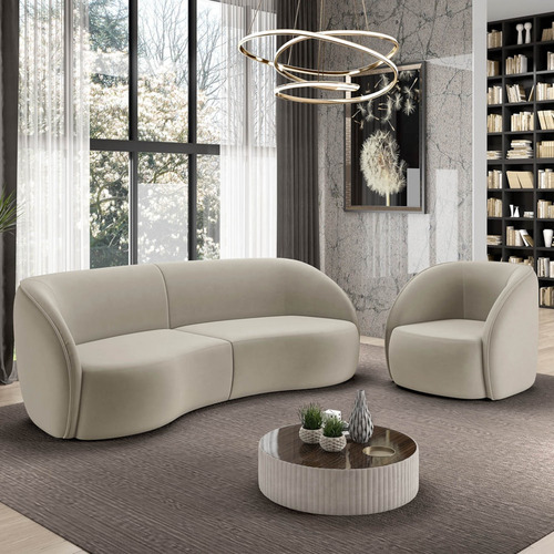 Sofá 3 Lugares Orgânico 240cm E Poltrona Zion M22 Veludo Beg