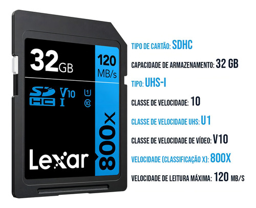 Cartão De Memória Lexar 32gb V10 120mb/s Uhs-i 800x