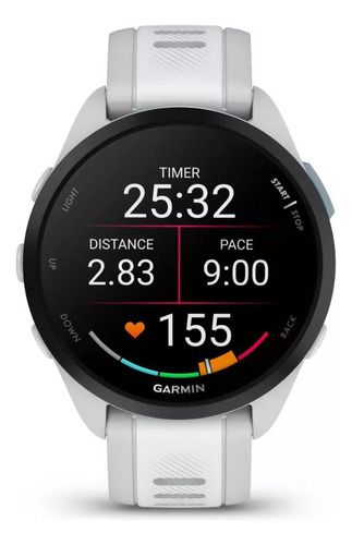 Reloj Garmin Forerunner 165 Music Amoled Whitestone con bisel blanco, diseño de pulsera deportiva negra