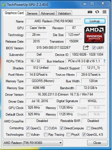Tarjeta Grafica Amd Radeon R9 M360 4gb 128 Bits Gddr5 (Usado)
