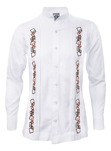 Camisa Guayabera Lino Azul Alforzas Bordada Manga Larga