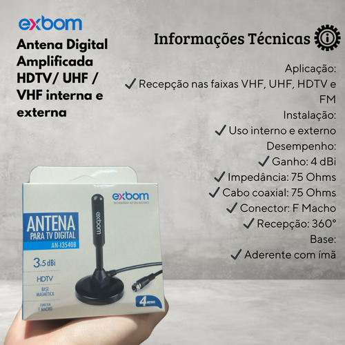 Antena Digital Hdtv Interna E Externa, 3,5dbi Cabo 4m Exbom