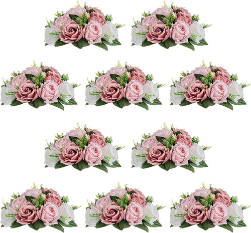 Flores Artificiales 15 Cabezas De Rosas Rosas Y Bl Pack 10u.