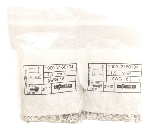 Lot Of 2000 Wago 216-104 Wire & Connector Ferrules, Ccs