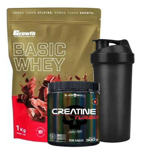 Kit Whey Protein Growth Creatina Black Skull Coqueteleira