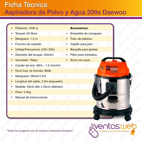Imagen 3 de 4 de Aspiradora Daewoo Inoxidable Polvo Agua 20 Lts + Accesorios