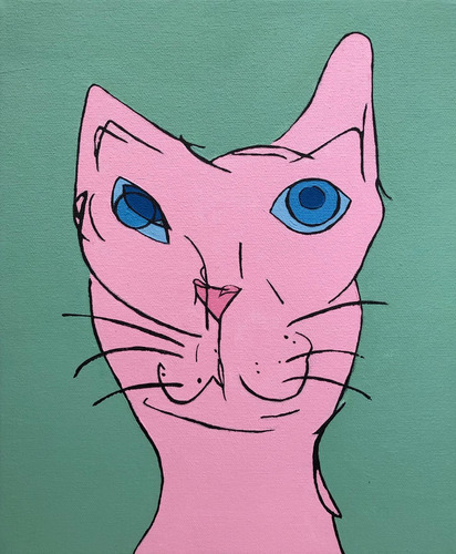 Gato Rosa Arte Original Pintura Acrílico Sobre Tela 30x25cm