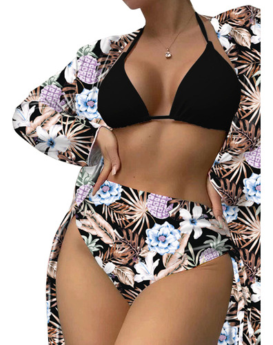 Traje De Baño Juego De Bikini Con Abrigo 3 Piezas Estampado