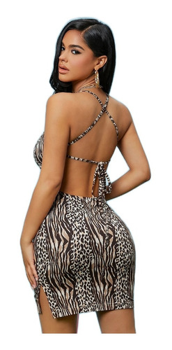 Sexy Vestido Moderno Animal Print Espalda Desnuda Antro 0517