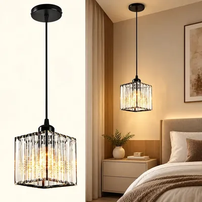 Lustre Pendente de Vidro Cristal Retangular, Luminaria Plafon E27 Cabo Ajustável 100cm, Luminária Moderna Decorativa para Bancada Ilha de Cozinha Sala de Jantar Quarto Apartamento Tieesa Preto