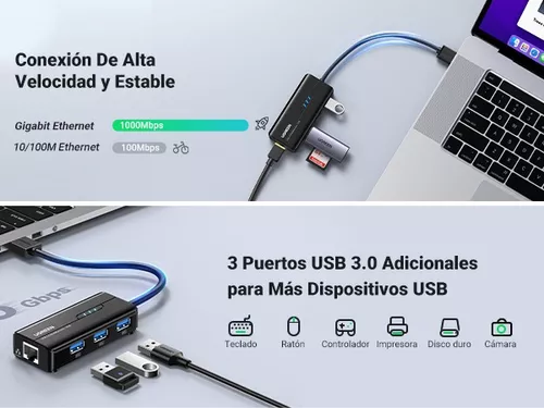 Hub USB 3.0 De 3 Puertos USB 3.0 y 1 Ethernet Gigabit Ugreen