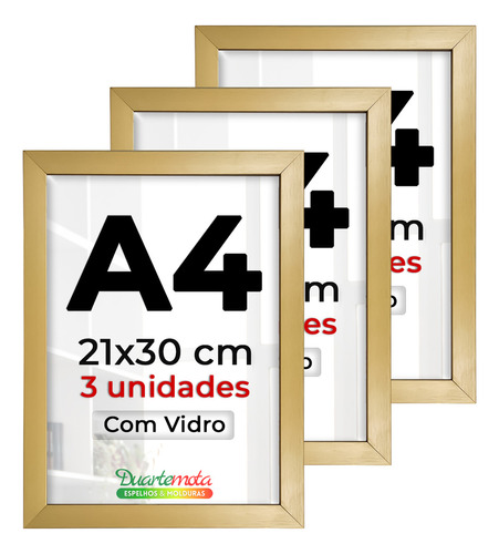 Kit 3 Porta Retrato A4 21x30cm C/ Vidro Certificado Diploma Cor Dourada