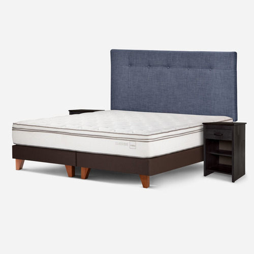 Cama Classique+ King + Respaldo Y Veladores Maurice Denim