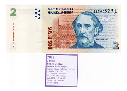 Ltb207. Billete De 2 Pesos, Serie L, 2012, Bot.3241