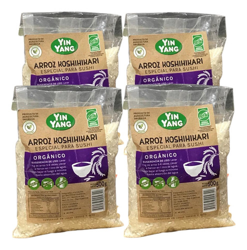 Combo X4 Arroz Para Sushi Orgánico Koshihikari Yin Yang 500g