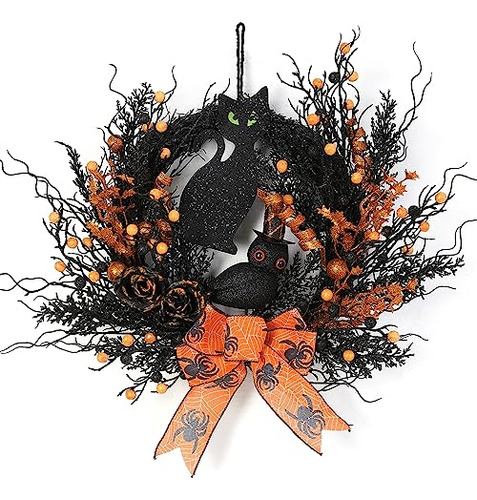 Halloween Black Cat Wreaths For Front Door, 22 Inch Nat...