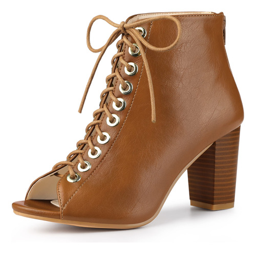 Perphy Peep Toe Lace Up Chunky Heel Brown  B0b3x1h47z_050424