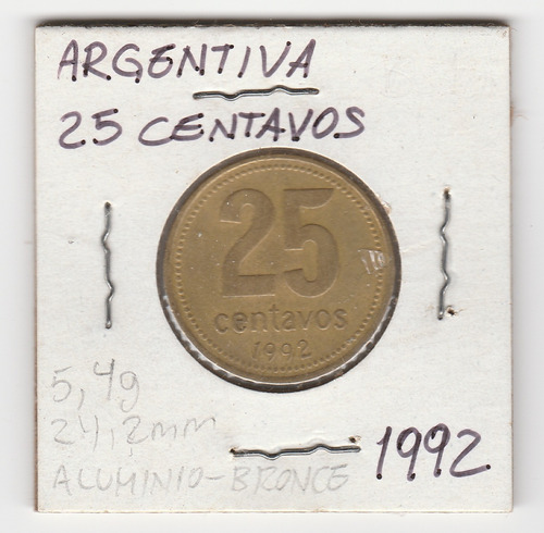 Moneda Argentina 25 Centavos 1992 Vf+