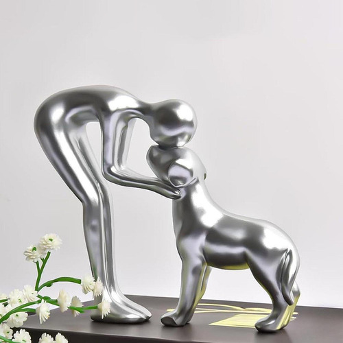 Person Embraces Dog Figurine Keepsake Centerpiece Silver