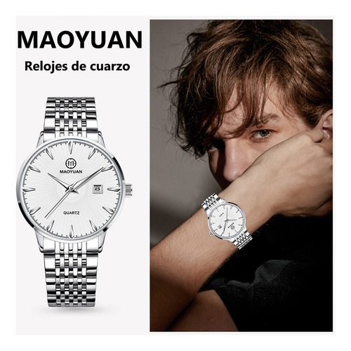 Reloj De Cuarzo Para Hombre Quartz watch My-003 Deportivo Impermeable Funci Correa Plateado Bisel Plateado Fondo Blanco