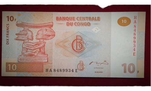 Billete 10 Francos Congo 2003 Sin Circular Pick 93 Unc