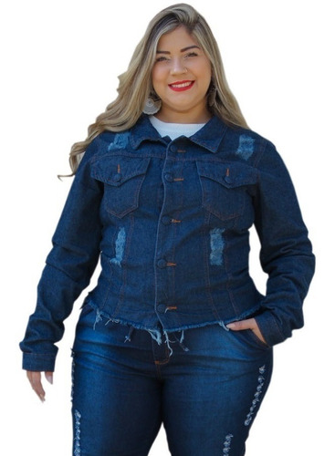 Jaqueta Plus Size Jeans Feminino Detalhe Rasgado Ate  G4/60