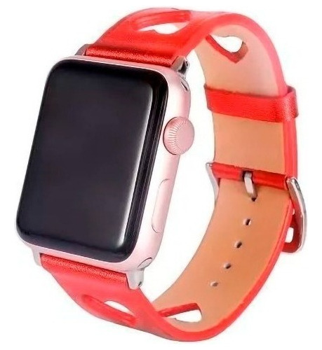 Pulseira De Couro Compatível Apple Watch 45mm Series 7 Heart Cor Vermelho Largura 44 mm