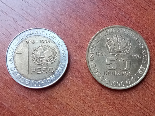 Lote 2 Monedas 50° Aniv Unicef 1996 50 C Y 1 $ Excelentes 