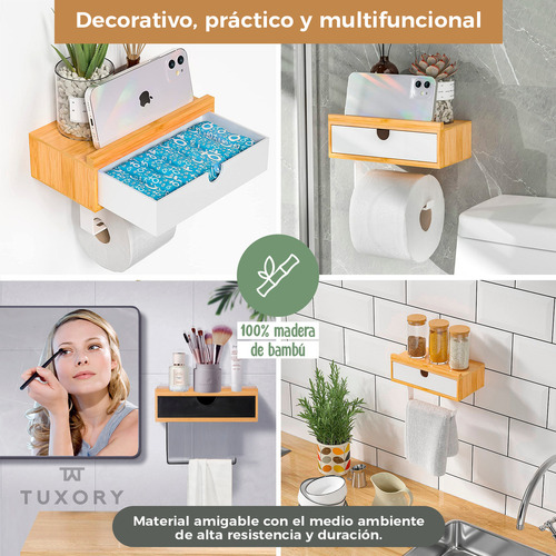 Porta Rollos De Bambú Con Cajón Mas 2 Dispensadores De Jabon Color Negro