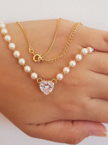 Colar Pérolas Verdadeiras Feminino Gargantilha Pingente Ouro Cor Dourado