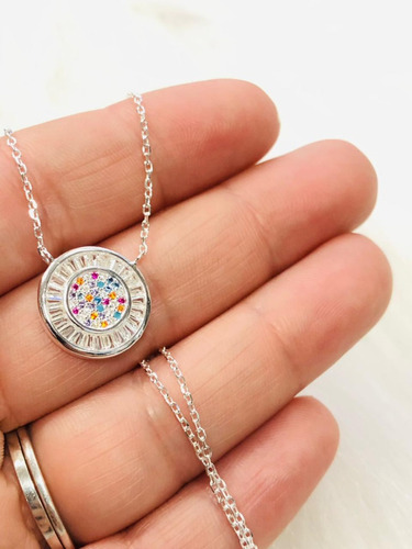 Cadena Plata 925 Con Dije Esfera Piedras Colores-taggershop