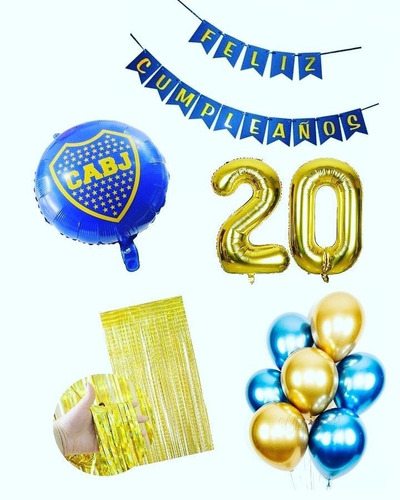 Combo Deco Boca Feliz Cumpleaños Azul Y Dorado 