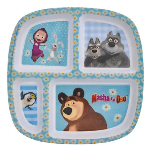 Vajilla 4 Pzas Masha Y El Oso Plato Con Divisiones Melanina Color Blanco
