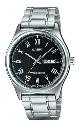 Reloj Casio Modelo Mtp-v006 Metal Carátula Negra Romanos Color Del Fondo Negro Color De La Correa Plateado Color Del Bisel Plateado