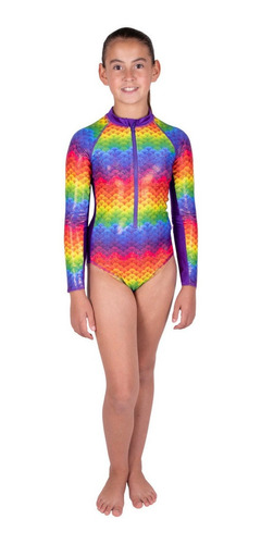 Traje Baño Niña Rashguard Manga Larga Sirena Escama Arcoiris