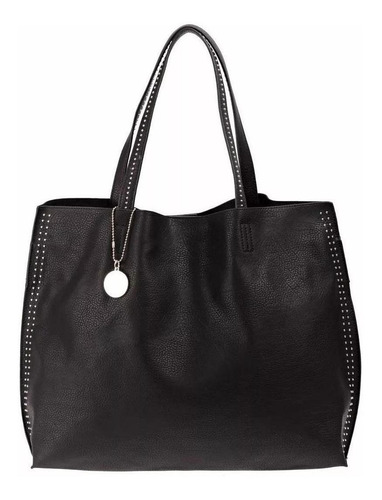 Cartera tote Prüne Dasha diseño lisa de cuero sintético  negra asas color  negro