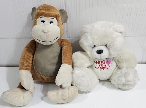 Lote De 2 Muñecos Peluches Suaves - Mono Y Oso Hug Me Blanco