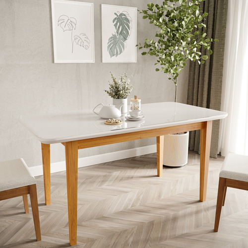 Mesa De Jantar 6 Lugares 1,60m Tampo Mdf E Vidro Pés Wt